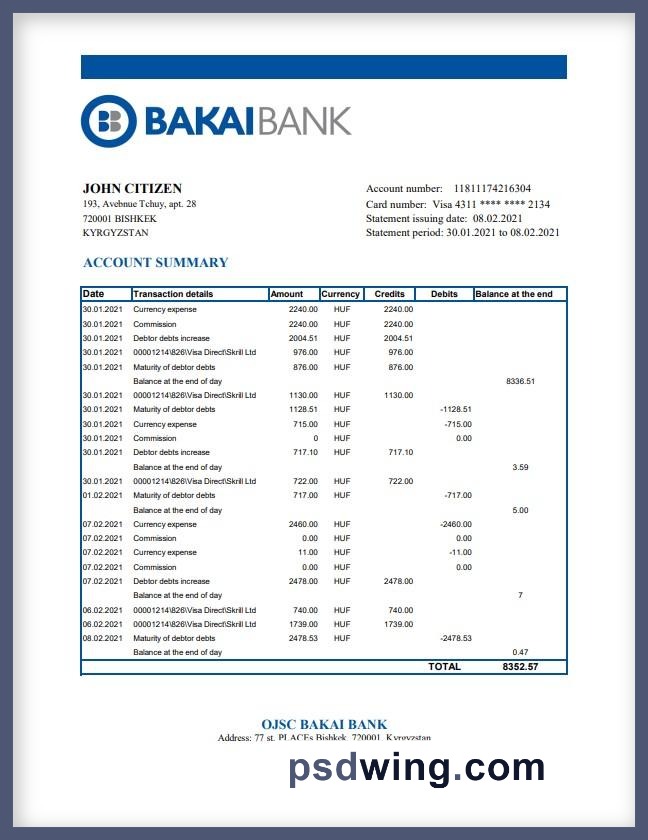 Kyrgyzstan OJSC Bakai Bank Statement (Excel)